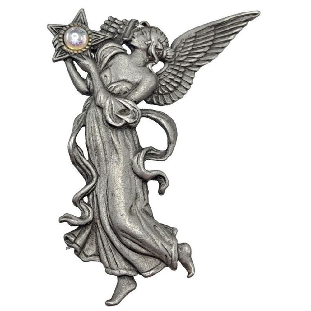 Jonette Vintage Angel Brooch Pewter Star Pearl Celestial Pin Broken Wing VTG
